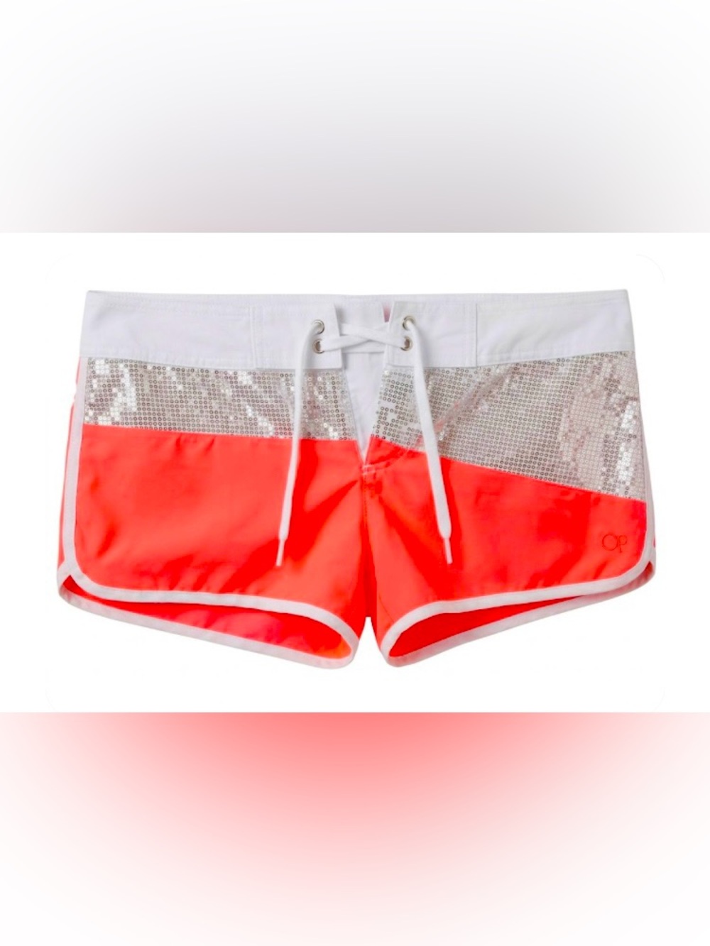 OP Neon Coral Athletic Shorts with White Trim and Silver Sequin Band